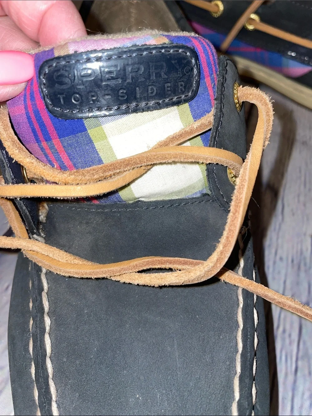 Sperry Top Sider Navy Boat Shoes with Tan Laces and Pink/Blue Plaid Sz 10M